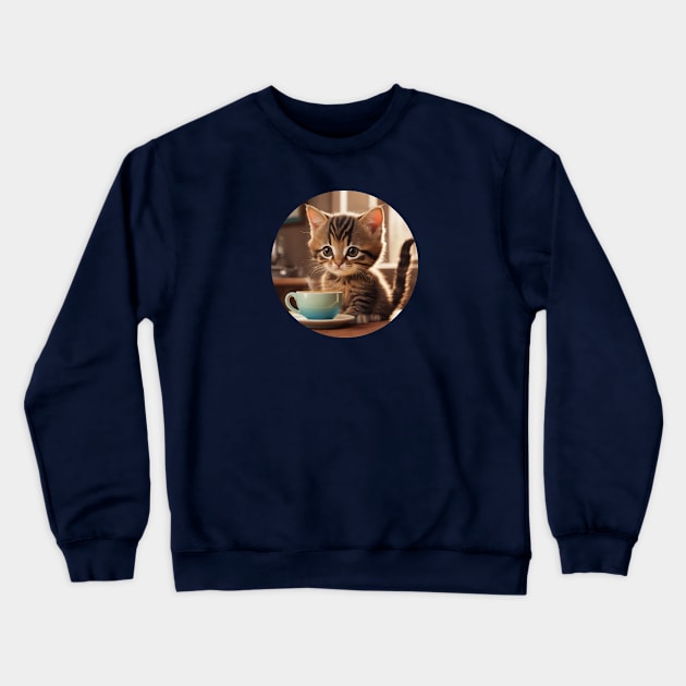 Cute Stripey Kitten With a Cup of Coffee Crewneck Sweatshirt by Cre8tiveSpirit